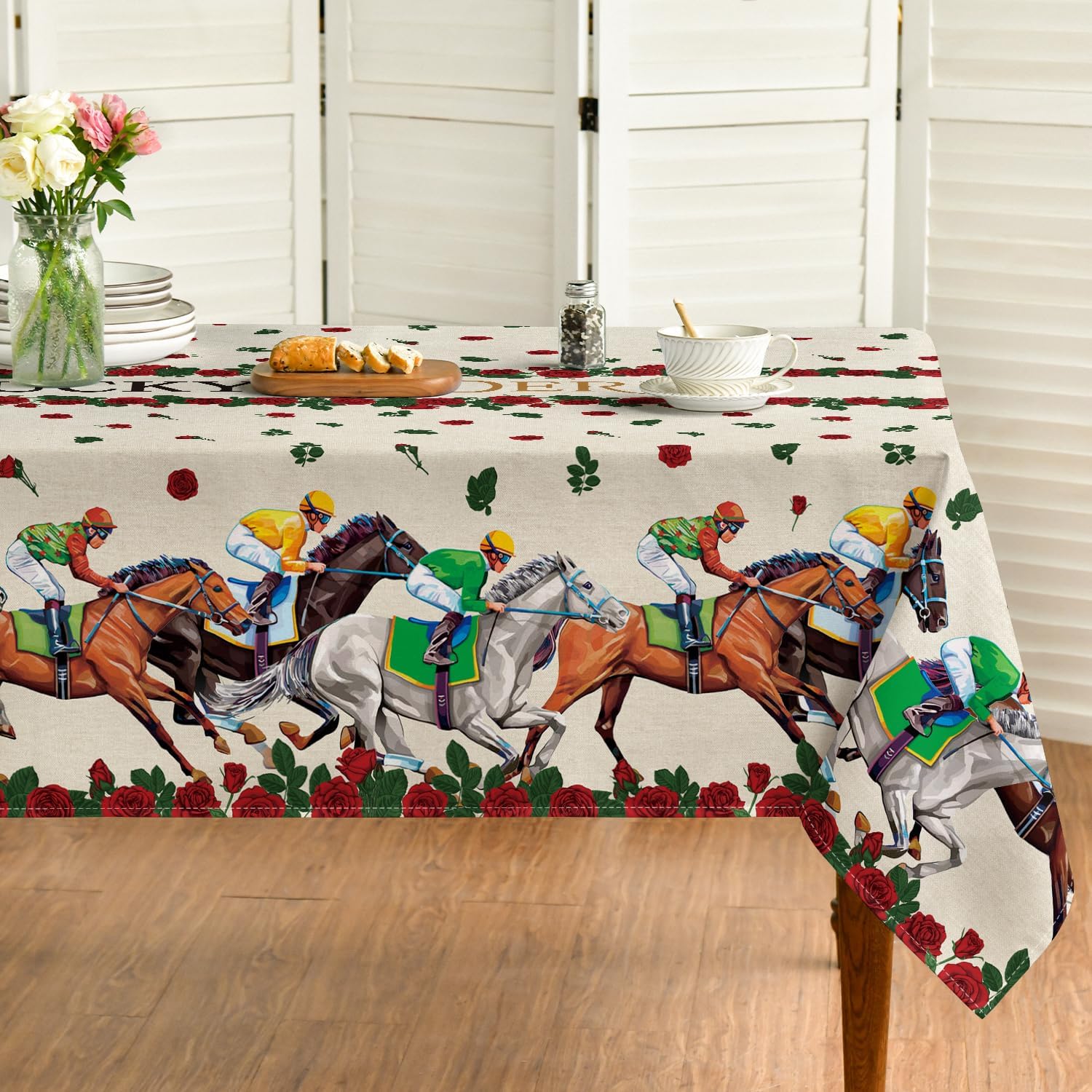 Jingyue Pet Unisex Kentucky Derby Rectangular Tablecloths Run For The Rose Horse Racing Party Decor Tablecloth Outdoor Picnic Dining Table Decor