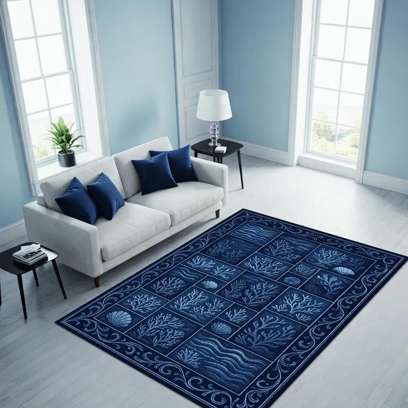 Богемный Стиль Океанский Ковер Ромбовидная Сетка Синий Акварельный Ковер Серия Океан Коврик для Двери Подарок для Любителя Океана Декоративный Ковер 80x120cm