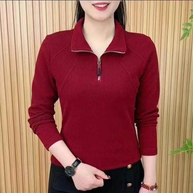 

Korean Plus Size Stand Collar Fleece Top: Stylish, Warm, Long Sleeve Patchwork Base Layer for Moms XL вина червоного кольору