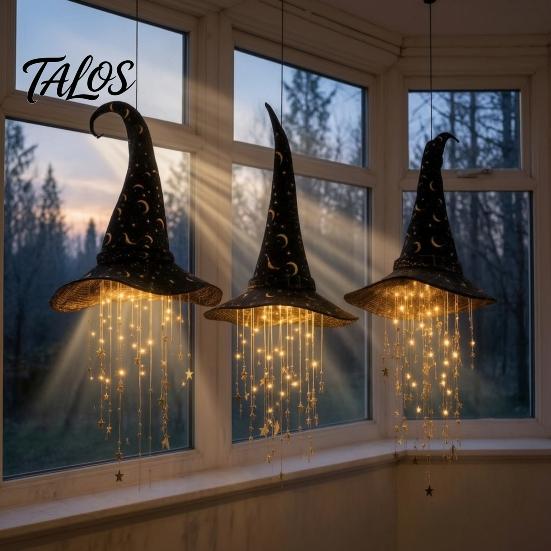 Lightweight Yard Decor Lighted Witch Hat Hanging Halloween Decor, LED Glowing Wizard with Holiday Ornaments Star Tassel Garland, Indoor Outdoor Porch