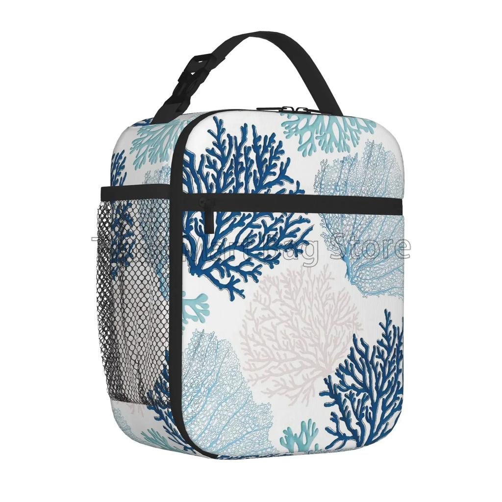 Blau Weiß Ozean Koralle Isolierte Brotdose Wiederverwendbare Thermische Lunchtasche Mahlzeit Tragbarer Behälter Tragetasche für Damen Arbeit Picknick Reise