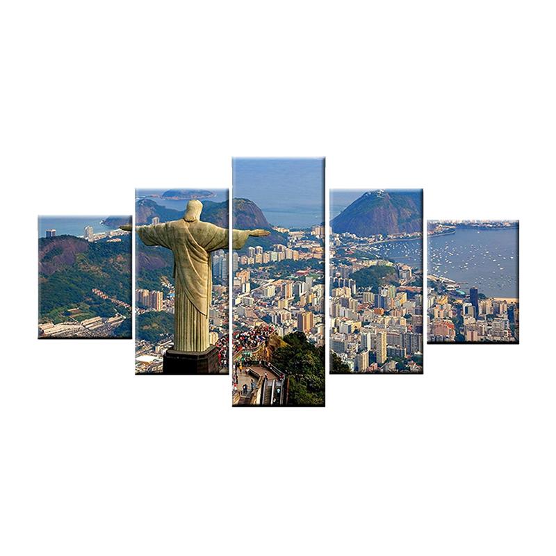 

Настенная живопись на холсте, современная HD печать, Бразилия, Рио-де-Жанейро, статуя Иисуса, картина, постер, 5 панелей, домашний декор, без рамки 20x35cm*2 20x45cm*2 20x55cm*1