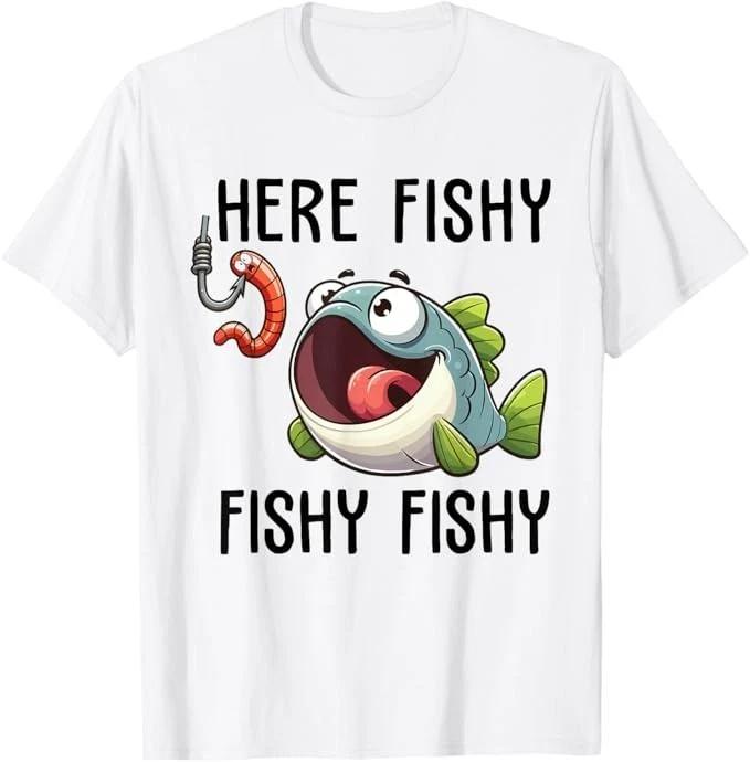 Here Fishy Fisherman Funny Fishing Lover Cute Fish Worm T-Shirt 2XL