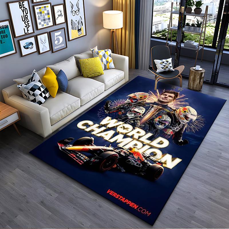 Sports Area Rug, Max Verstappen World Champion 2 Trophy Fireworks Poster, Fan Cave Decor, Non-Slip Mat
