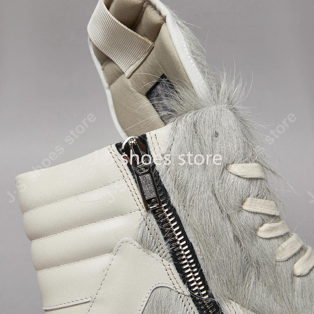 R-o Men Boot Grey Horse Hair High Top Shoe Women Sneaker Luxury Sneakers Casual Shoes Zipper Gray Horsehair Flat Ankle Boots