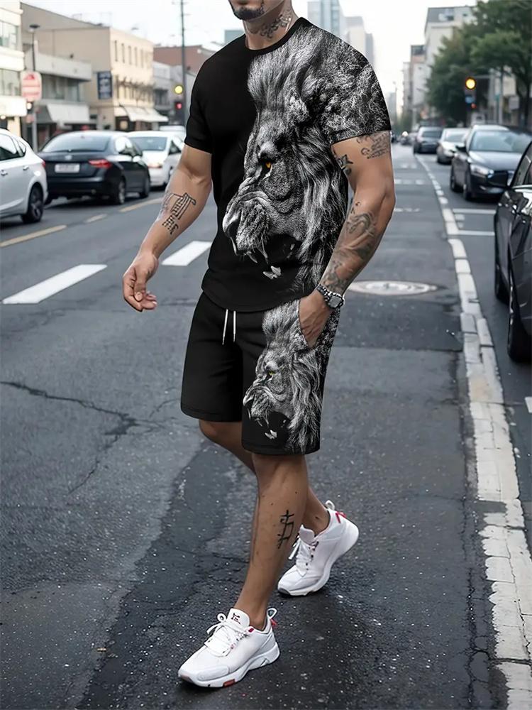 2024 New Summer Fashion Animal Print Suit Black and White Tiger 3D Pattern Outdoor Street Shooting Sportswear Men's Casual Wear
