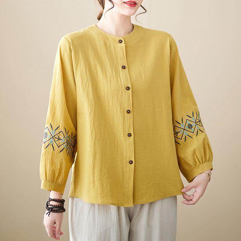Spring Cotton Linen Plus Size Long Sleeve Embroidered Floral Top for Middle-Aged Women