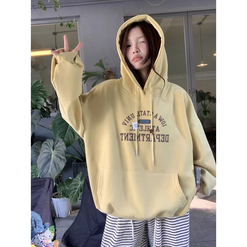 Retro Print Drawstring Hoodie Female New Arrival Loose and Lazy Style Autumn Fleece Thick Warm Jacket Tops