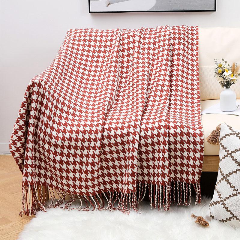 Houndstooth Tassel Woolen Blanket Summer Thin Air Conditioning Blankets For Office Living Room Sofa Cozy Nap Cushion Shawl