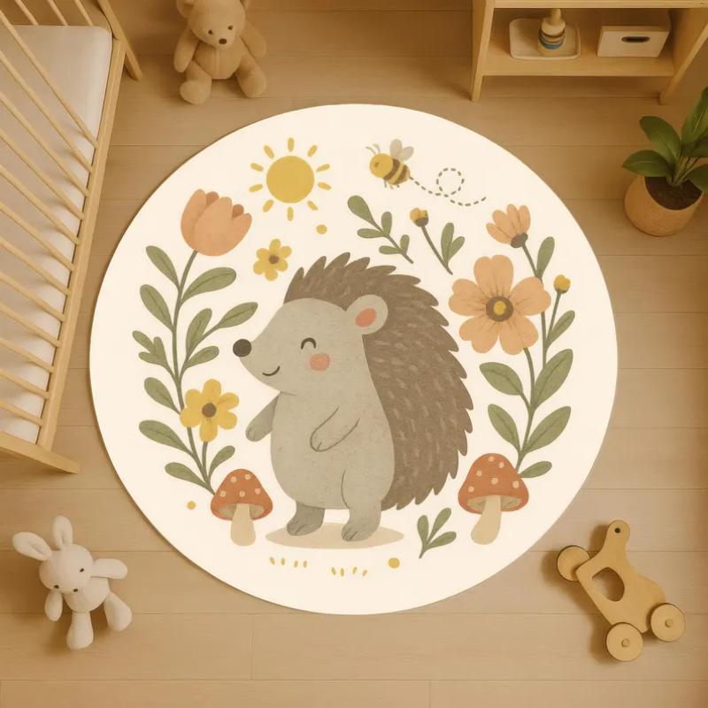 Adorable Smiling Cats Floral Round Rug Navy Background Flower Pattern Non Slip Soft Carpet Playroom Cute Home Decor