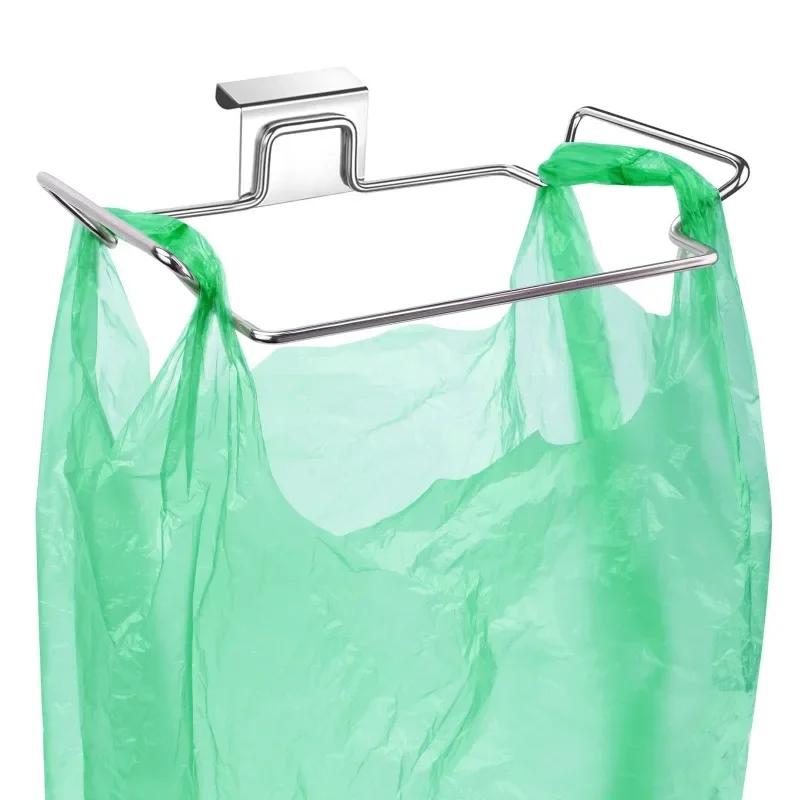 Stainless Steel Trash Bag Holder Garbage Storage Holder Kitchen Trash Rack Cabinets Door Grocery Bags Organizer Towel Hanging
