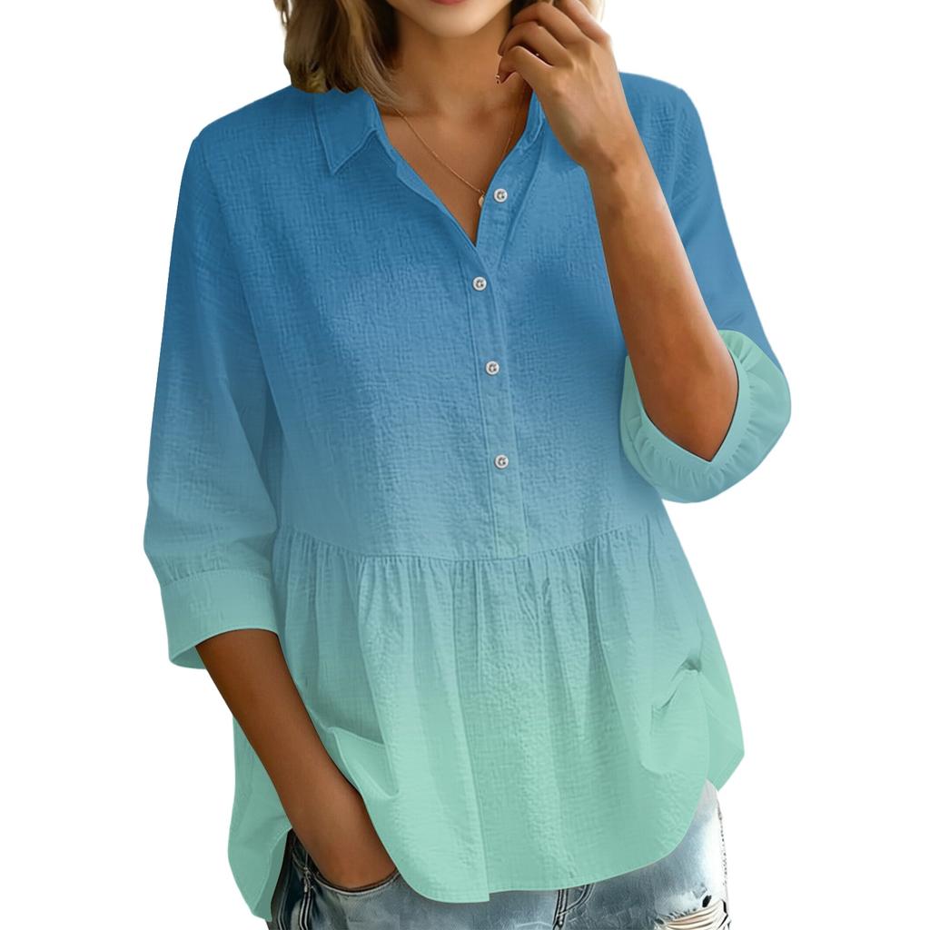 Women's Gradient Print Button Down Blouse - Three Quarter Sleeve, Notched Lapel, Loose Fit Casual Shirt Top
