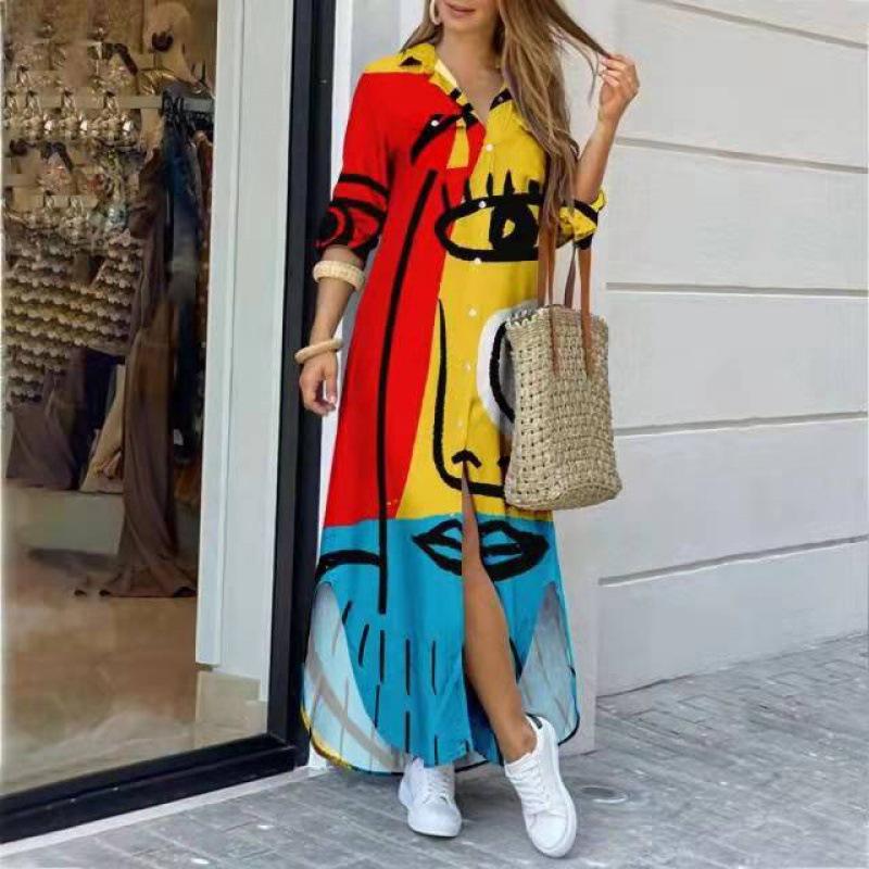 Women's Printed Maxi Shirt Dress Long Sleeve Button Front Casual Long Dress