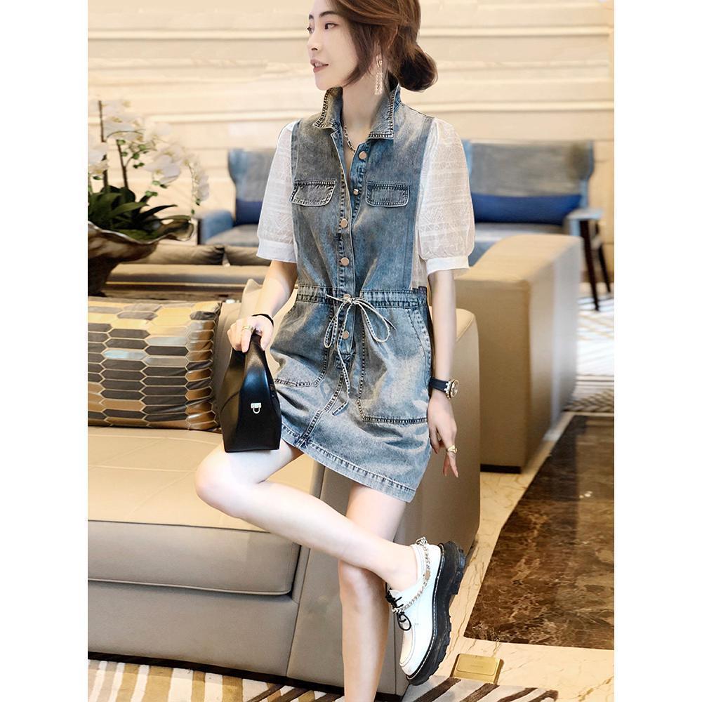 

Летнее женское джинсовое платье приталенного кроя с завязкой на талии, V-образным вырезом, прямого кроя, модное, в европейском стиле S