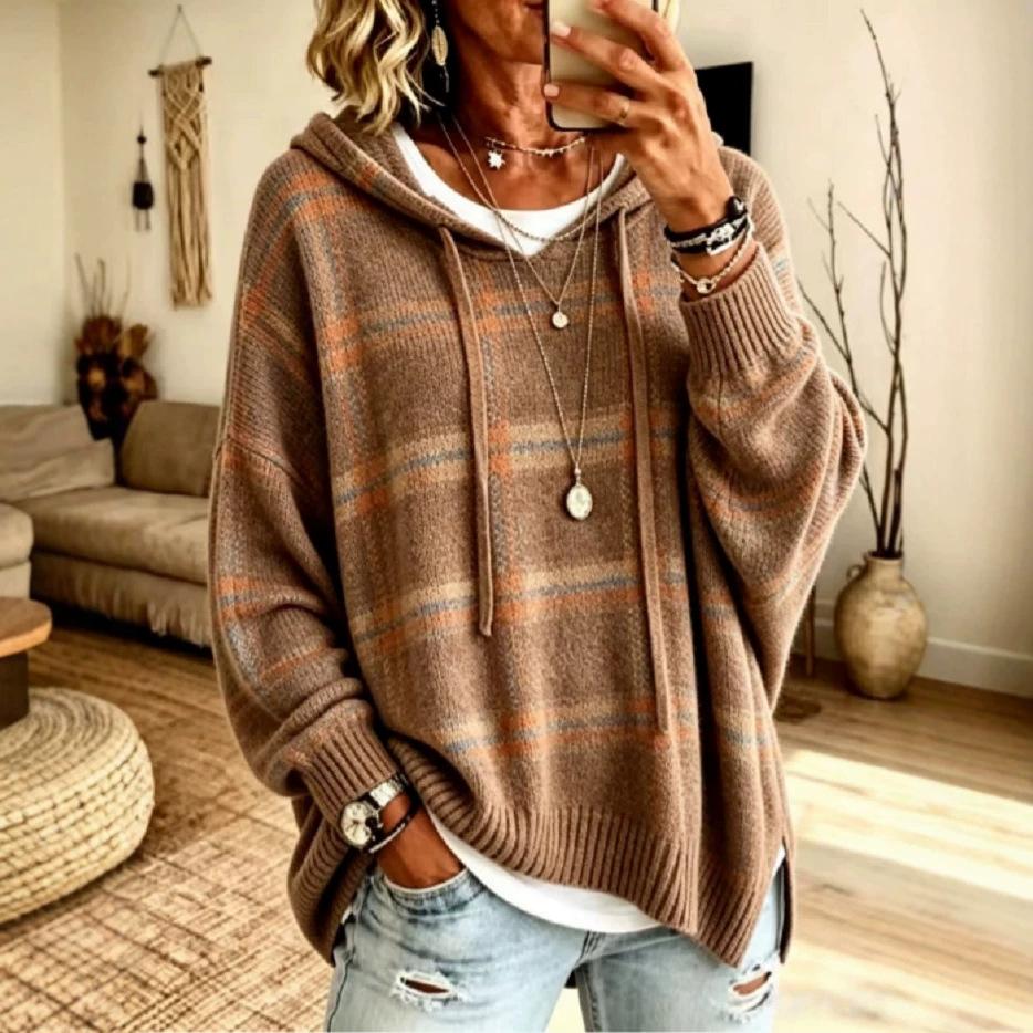Women's Vintage Plaid Hooded Knit Sweater