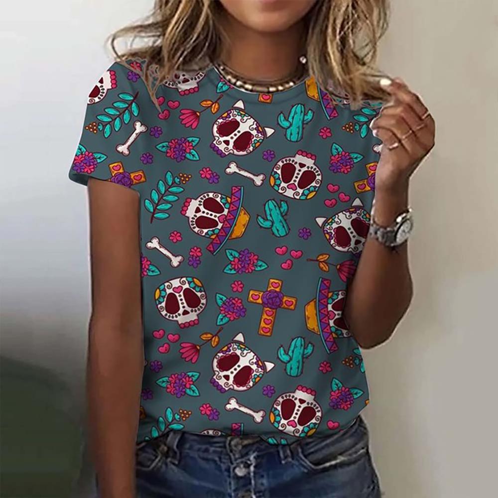 Funny Sugar Skull 3d Print Womens T Shirt Anime Cartoon Anime Mexico Summer Day of the Dead T-shirt For Men Women's Tops