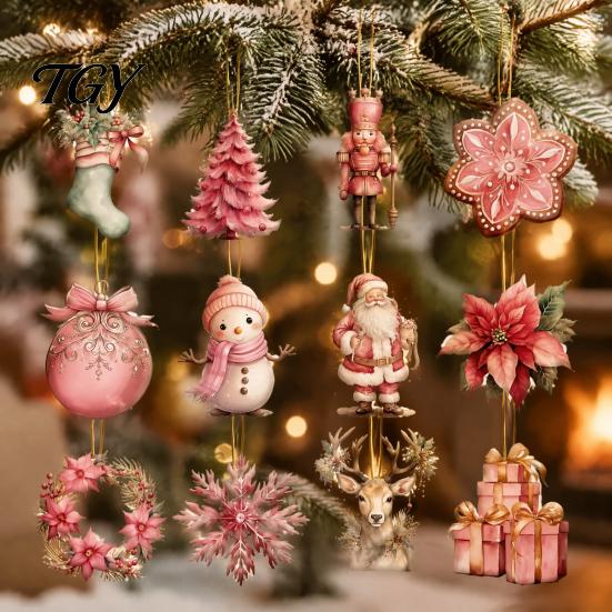 Christmas Home Decor 12/24/36Pcs Pink Wooden Ornaments Set, Snowman Santa Hanging Tree Decors, Xtmas Hanigings with Ropes for