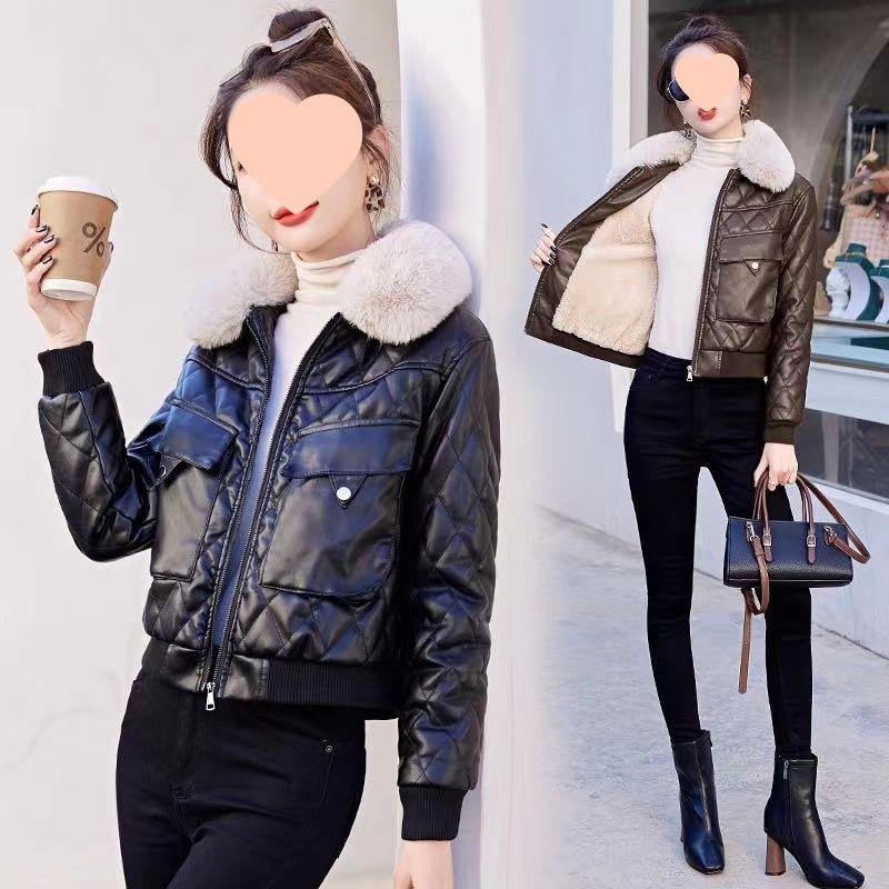 Women's Short Fleece-Lined Leather Motorcycle Jacket - Winter Fashion Cotton-Padded Coat