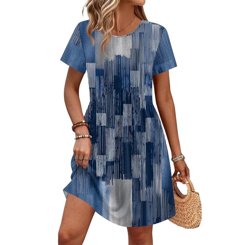 Dresses For Women Short Sleeve Print Round Neck Casual Dresses Waist Dress With Pockets