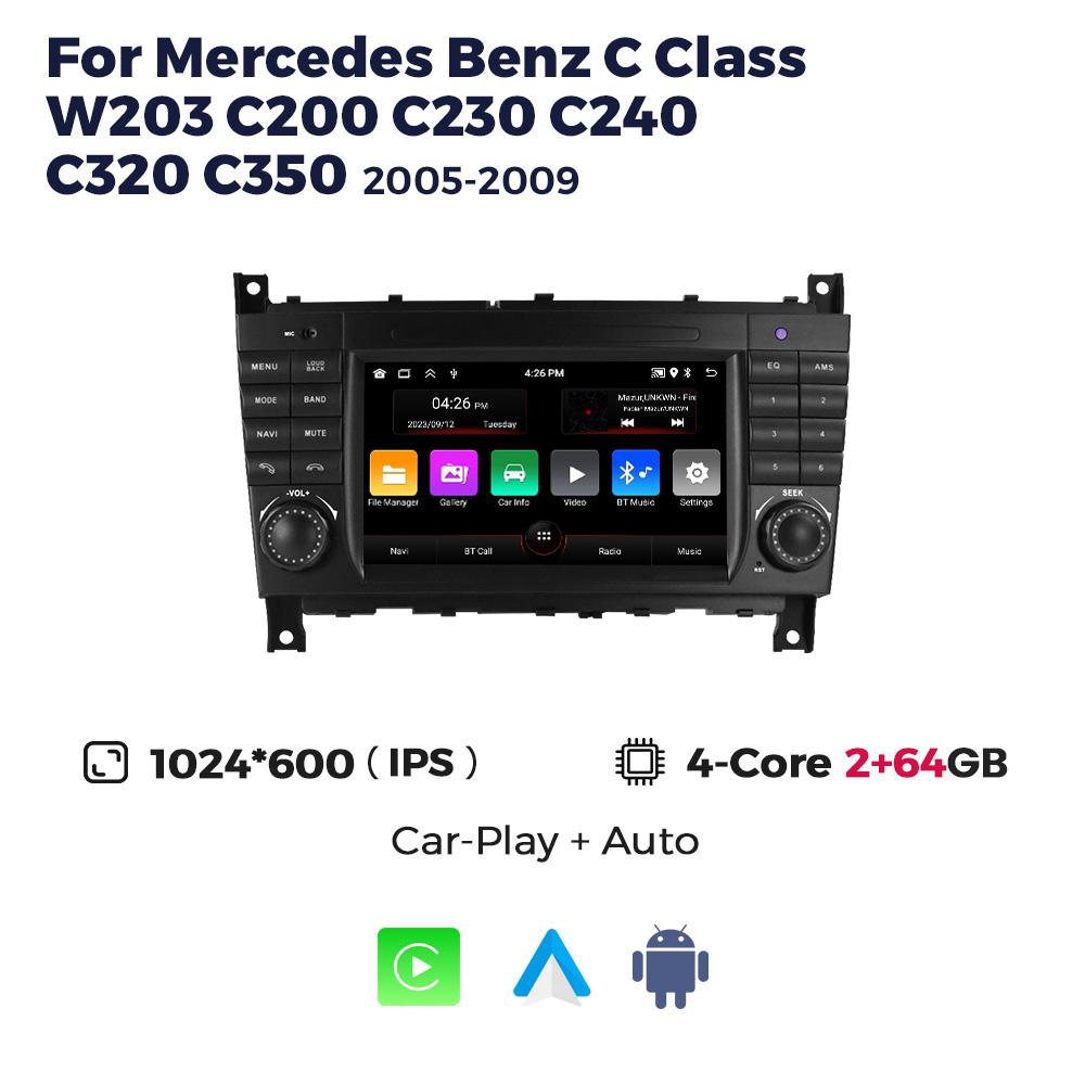 7-inch Android 13 Car Radio Suitable for Mercedes Benz C Class W203 C200 C230 C240 C320 C350 2005-2009 Carplay Auto GPS FM Audio