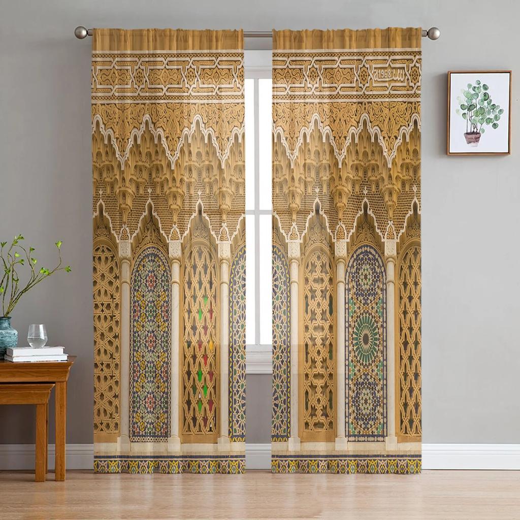 Yellow Wall Gate Morocco Chiffon Sheer Curtains For Living Room Home Decoration Window Voile Tulle Curtain Drapes