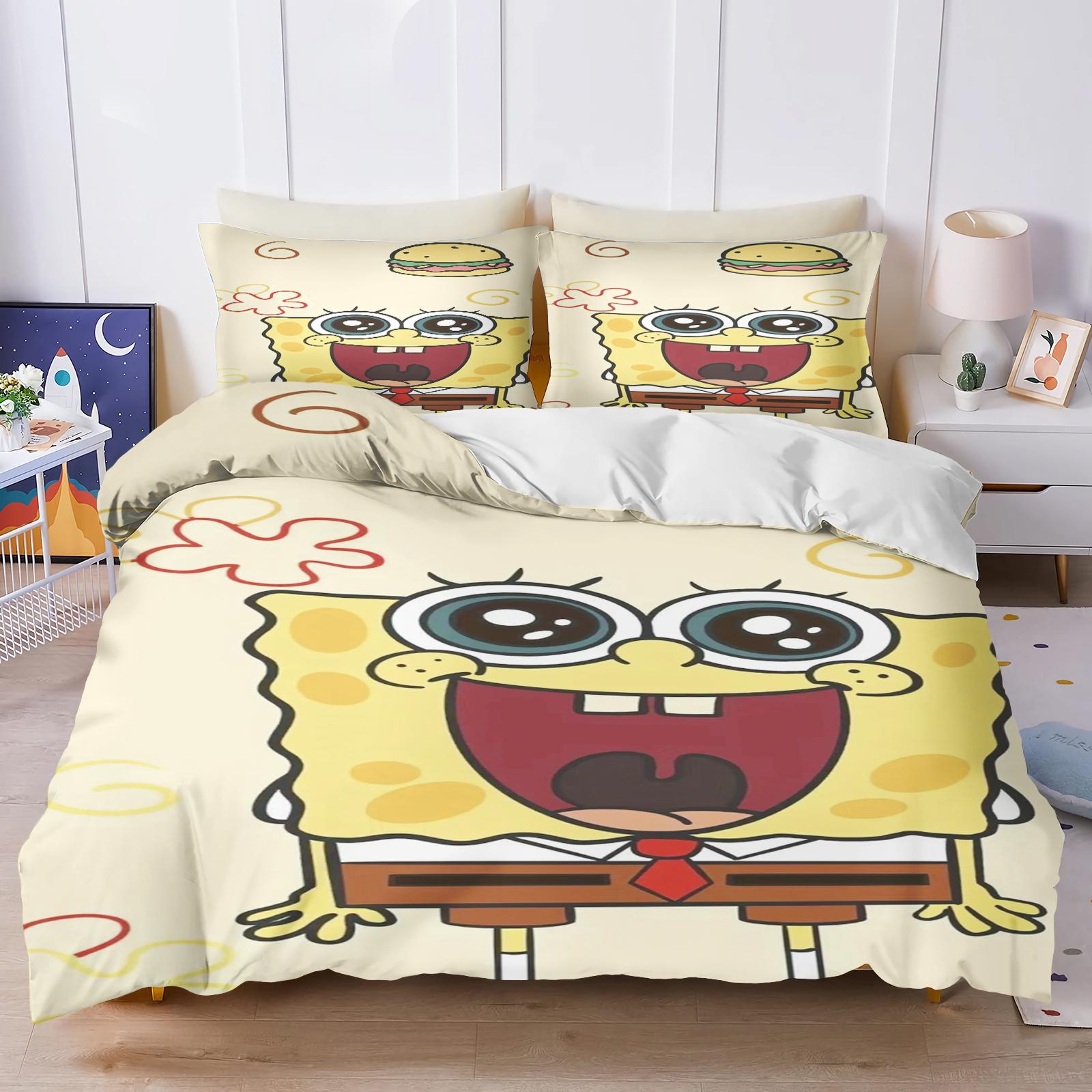 SpongeBob SquarePants Bedding Set Cartoon Patrick Squidward Print Duvet Cover Pillowcase Soft Microfiber Kids Bed Linen 140x200cm