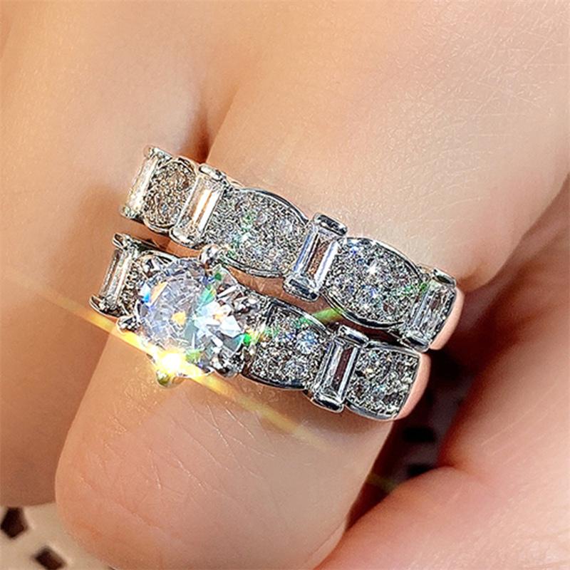 Luxus Weibliche Große Geometrische Ring Sets Silber Farbe Verlobung Ringe Für Frauen Charme Quadrat Zirkon Stein Hochzeit Ring