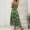Women's New Holiday Style Printed Dress Ethnic Casual V-Neck High Waist Long Dresses
