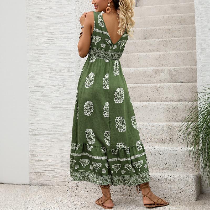 Women's New Holiday Style Printed Dress Ethnic Casual V-Neck High Waist Long Dresses