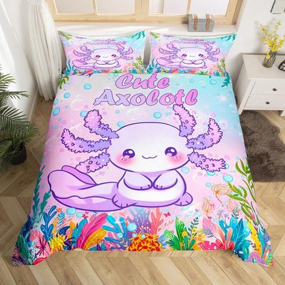 Cartoon Axolotl Duvet Cover Full Queen Cute Ocean Animal Bedding Set for Kids Adult Undersea Coral Seaweed Plant Comforter Cover