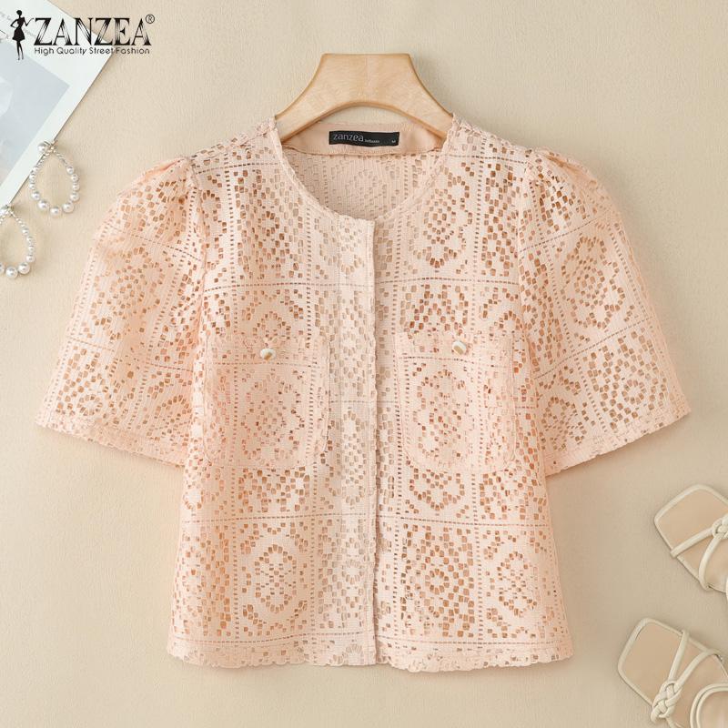 ZANZEA Womens Summer Hollow Out Crochet Short Sleeve Cardigan Blouse