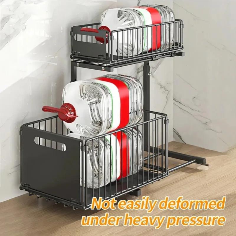 Double Drawer Sink Storage Rack Adjustable Height Household Sliding Cabinet Basket Space Saving Kitchen Storage Rack
