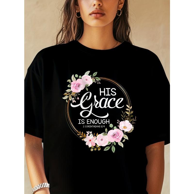 Elegant White Floral Scripture T-Shirt Made of 180G Pure, Featuring Short Sleeves and A Loose Fit. Perfect for Summer Church Events, S