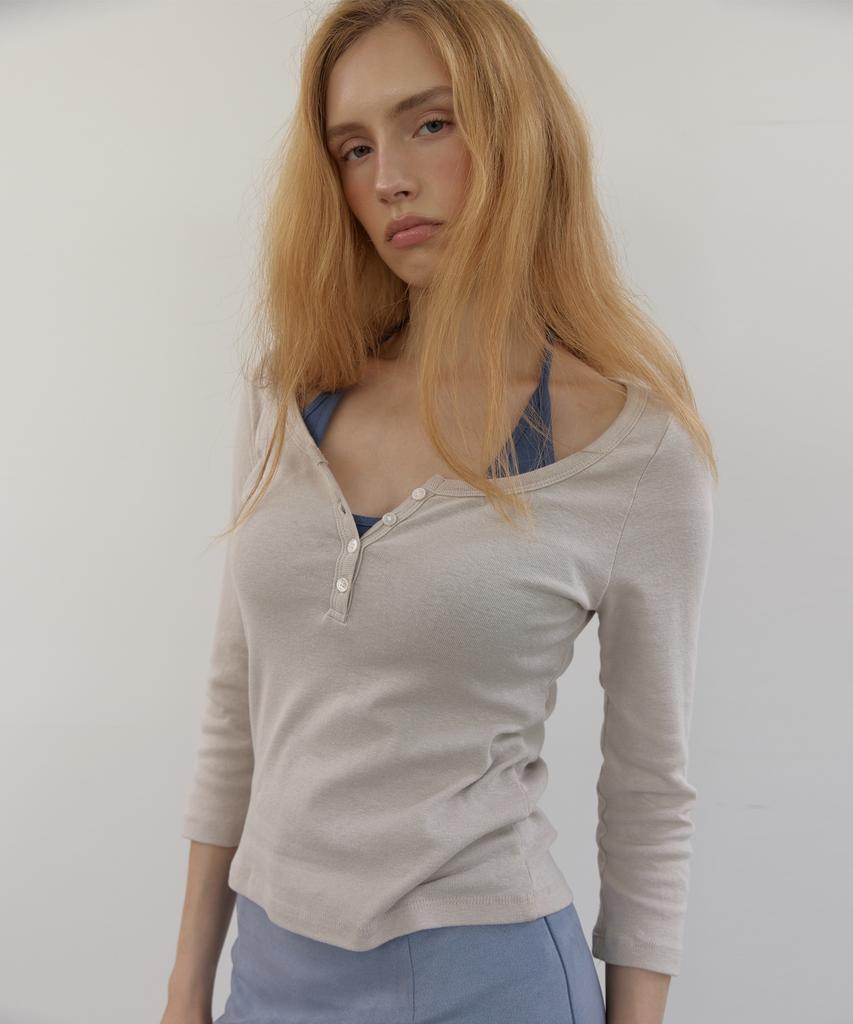 ASURA Cotton Henley Mid Sleeve T (Grey Beige)