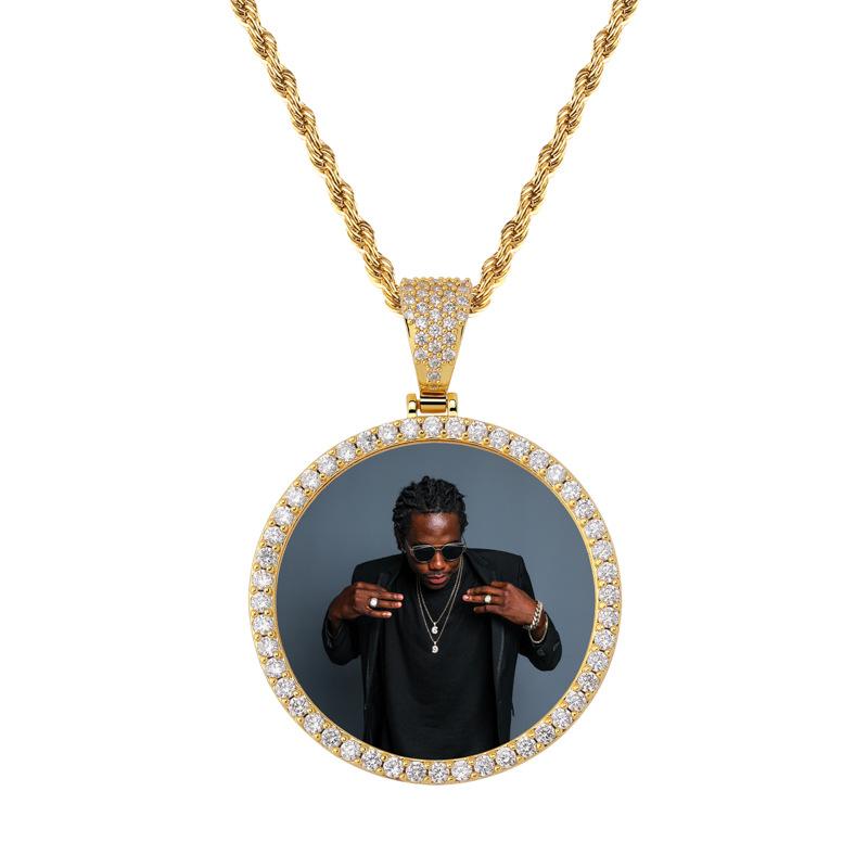 Custom Gold Plated Brass Hip Hop Picture Necklace Cubic Zirconia & Memory Medallion with Circle Chain Unique Personalized Design Big circel pendent necklace&18inches(45.72cm) серебряный