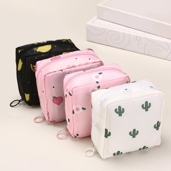 Sanitary Towel Bag Cartoon Print Portable Zipper Closure Hanging Hoop Girls Diaper Sanitary Napkin Storage Pouch Coin Purse Jewelry Organizer