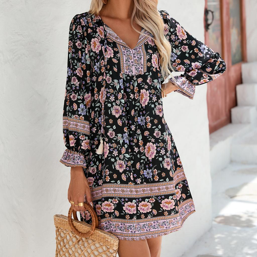 European and American Long Sleeve Bohemian Leisure Vacation Positioning Flower Dress