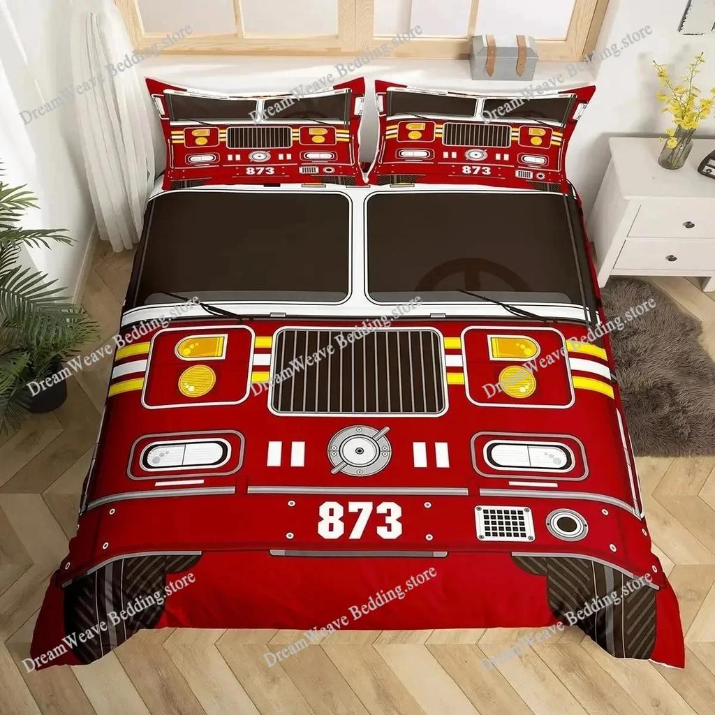 Firefighter Car Duvet Cover Set,Fire Truck Bedding Set King, Honeycomb and Fire Comforter Cover Fire Engine Vehicle Quilt Cover