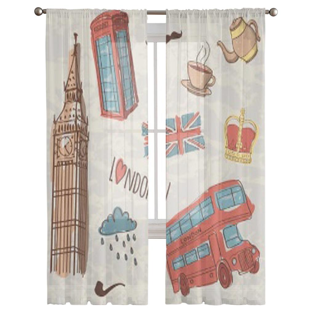 Bunte Londoner Symbole Transparente Vorhänge für Wohnzimmer Durchsichtiger Tüll Fenstergardine Schlafzimmer Küche Heimdeko Schleier Drapierungen
