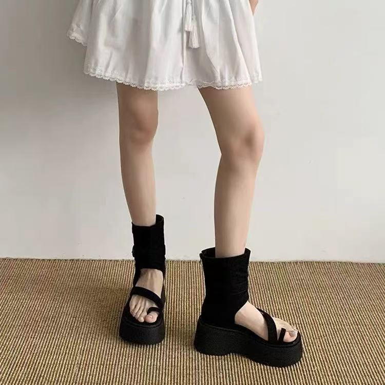 [Fanfna] Summer new retro platform Roman cool boots women's fashion set toe high-top sandals heightening short boots