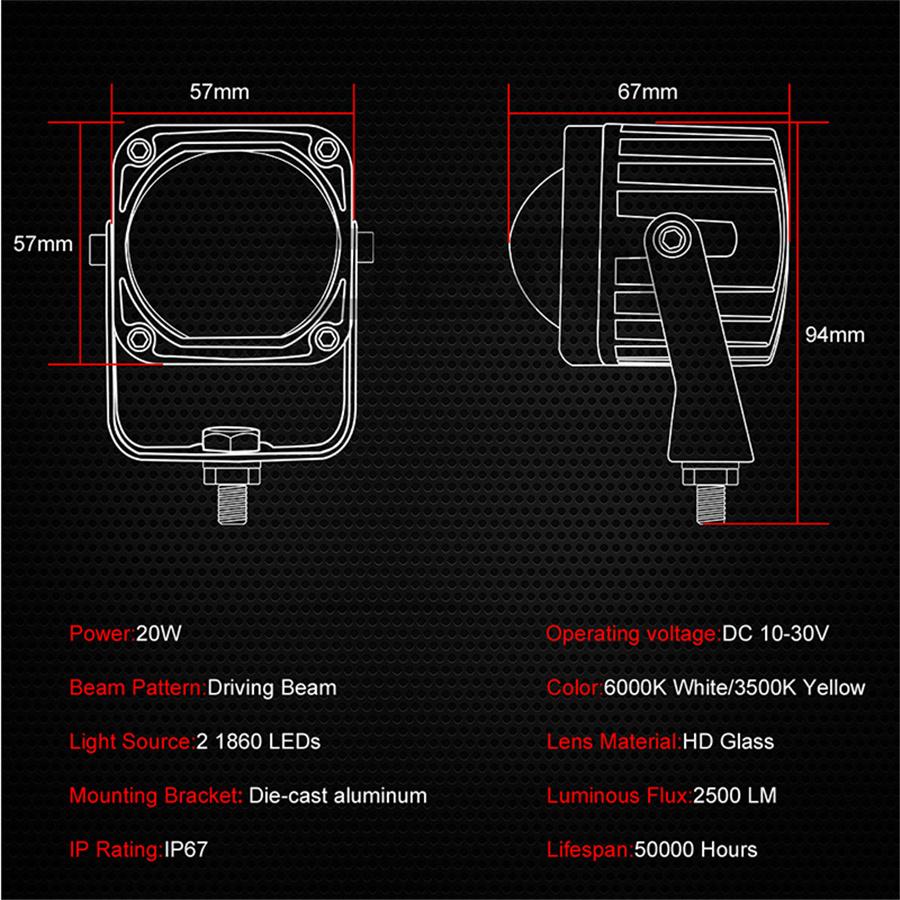 2Pcs 2" Square 20W LED Work Lights Spot Driving Fog Lamp For Car Truck Boat ATV
