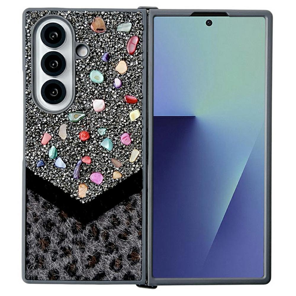 For Samsung Galaxy Z Fold7 5G Case Stone Decor Glitter Leopard Splicing Plush PC Phone Cover
