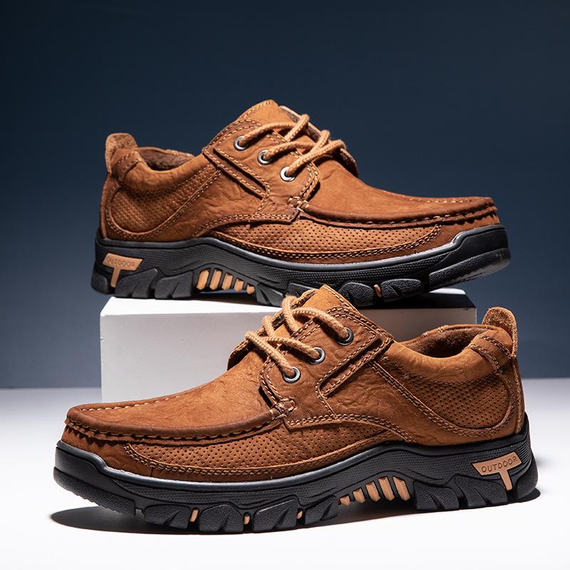 Fashion Spring and Summer Outdoor Sports Men Hiking Leather Shoes Breathable Top Layer Cowhide Casual Leather Shoes