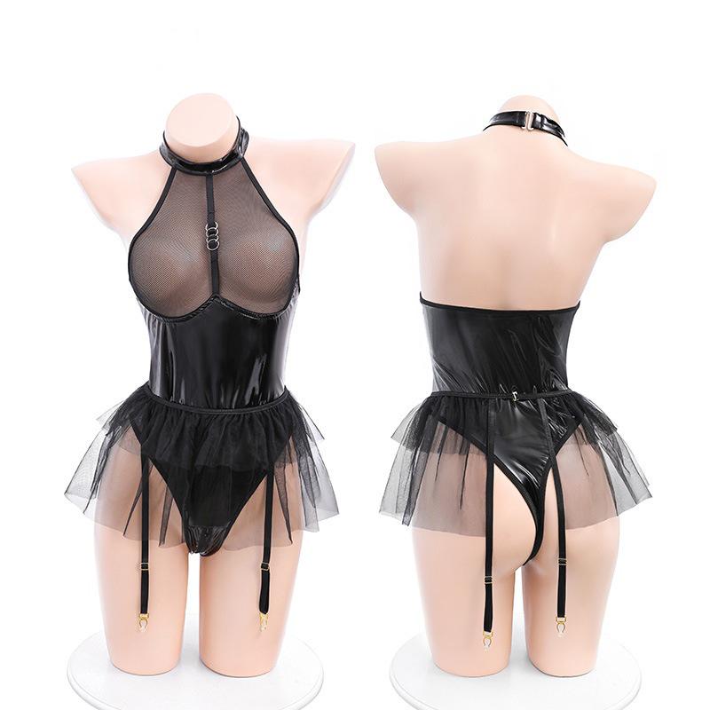 PU Patent Leather Mesh Halter Neck Garter Bodysuit with Puff Skirt Lingerie F756