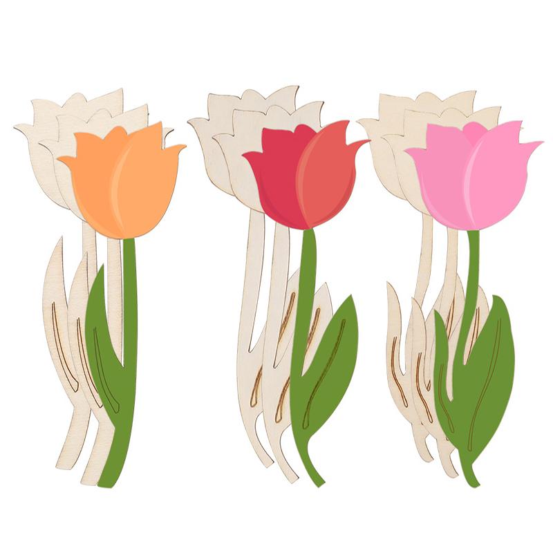 12 Stück Holzblumenornament Unvollendete Tulpe DIY Malen Basteln Frohe Ostern Party Frühling Heimdekoration Kindergeschenke Zubehör