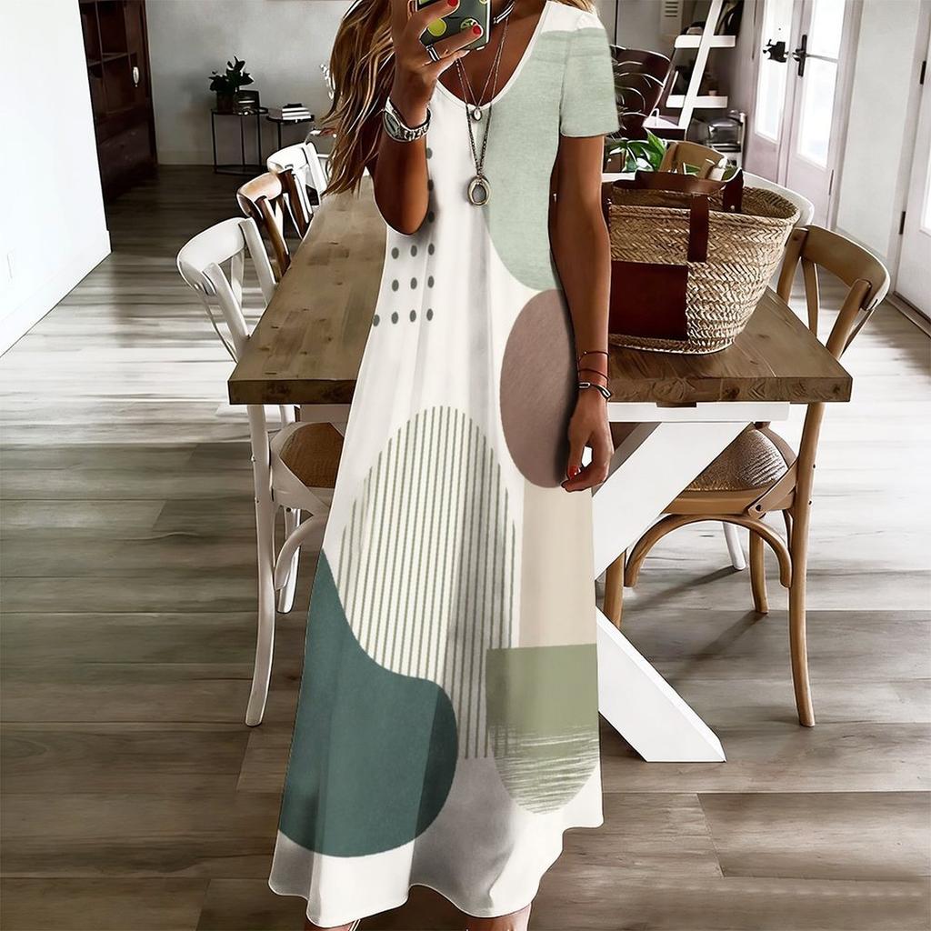 Women Plus Size V Neck Short Sleeve Printed Straight Long Dress