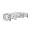 Meuble TV bas 180 x 40 x 44 cm avec 4 portes et pieds en bois sphérique, meuble TV avec aspect marbre en MDF - Blanc