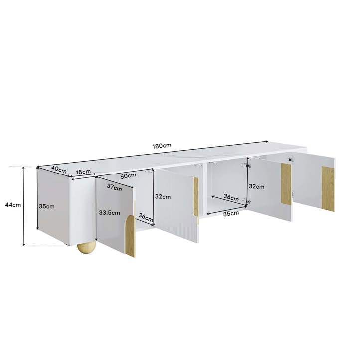 Meuble TV bas 180 x 40 x 44 cm avec 4 portes et pieds en bois sphérique, meuble TV avec aspect marbre en MDF - Blanc