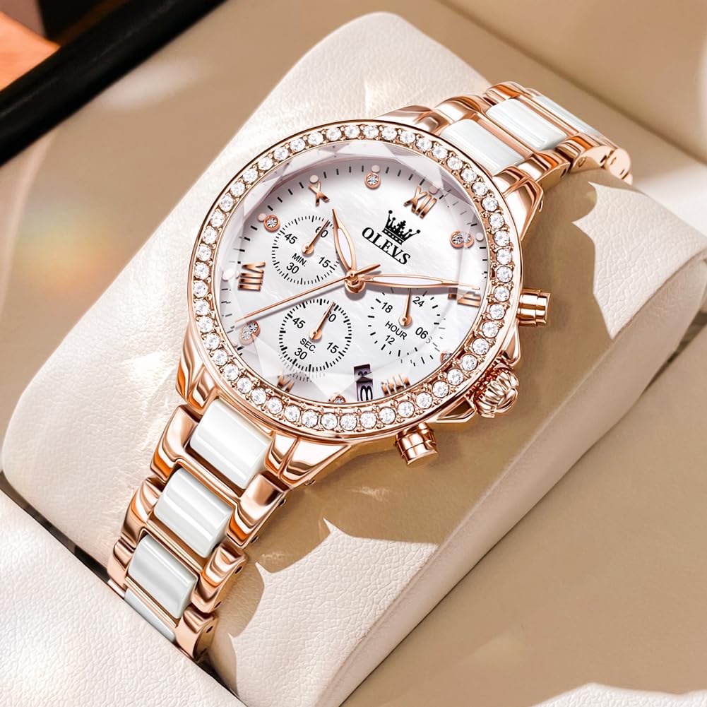 OLEVS Women's Watch Waterproof Popular Rose Gold Quartz Analog Fashion Business Wristwatch Lightweight Pink Gold White Mother-of-Pearl Dial, Olevs