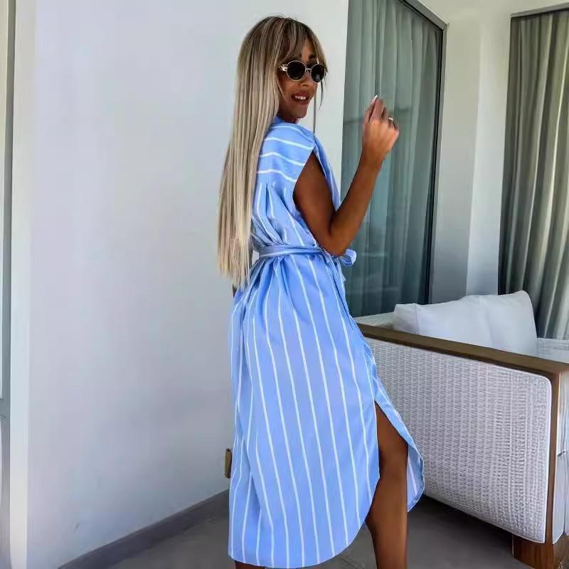 JKASHDK Damenmode Sommer Frühling Streifendruck Kurzarm POLO Ausschnitt Hohe Taille Freizeitkleider